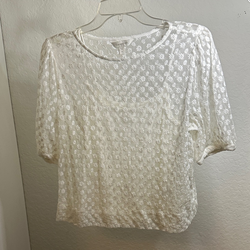 Garnet Hill Vineyard Puff Sleeve White Floral Lace Blouse